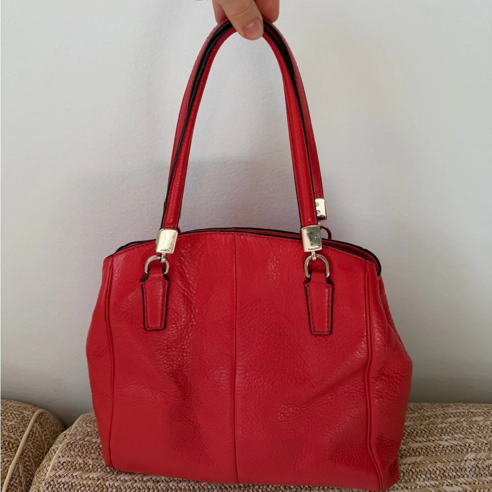 COACH Red Pebbled Leather Tote with Gold Hardware